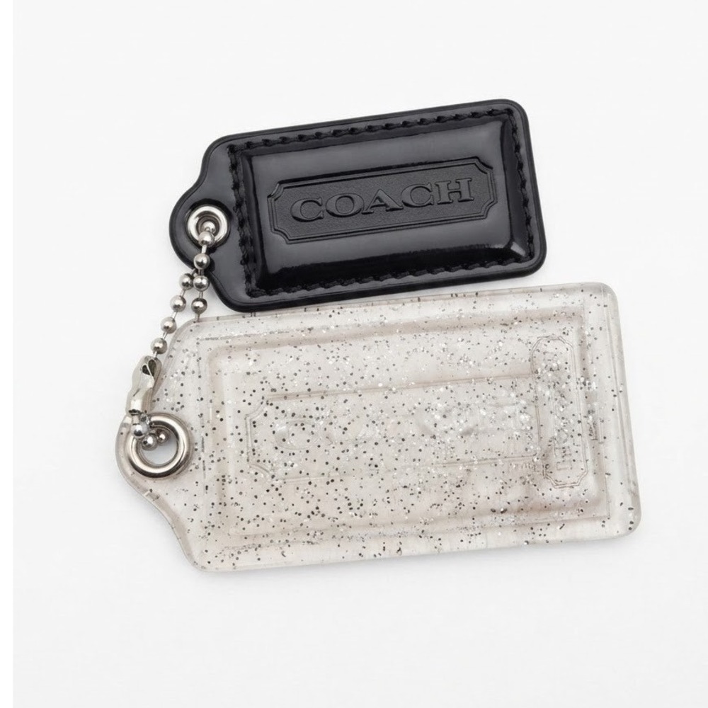 Coach Black Leather and Clear Silver Glitter Acrylic Replacement Hangtag Set